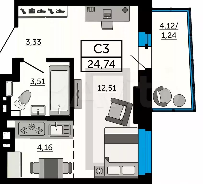 Квартира-студия, 24,4 м, 18/26 эт. - Фото 0