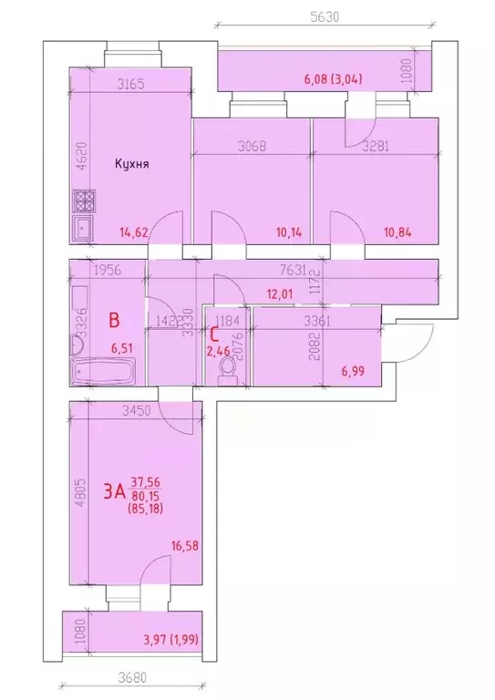 3-к кв. Вологодская область, Череповец 109-й мкр,  (85.18 м) - Фото 0