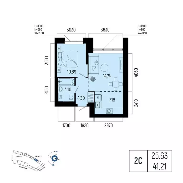 2-комнатная квартира: Уфа, Советский район, порт Уфа (41.21 м) - Фото 0