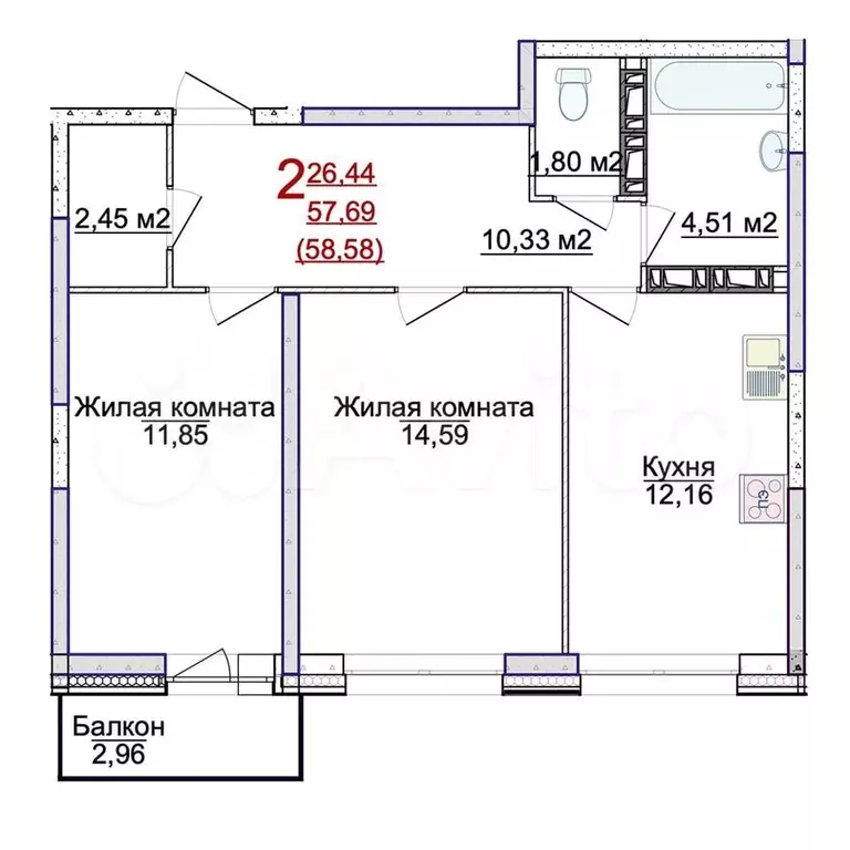 2-к. квартира, 58,6 м, 14/18 эт. - Фото 0