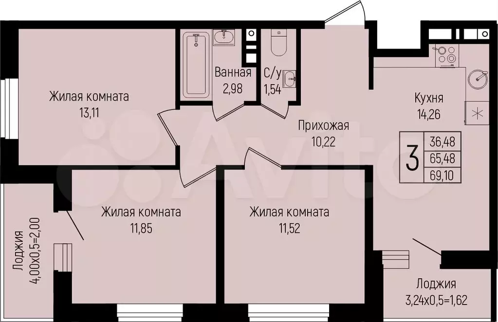3-к. квартира, 69,1 м, 7/15 эт. - Фото 0
