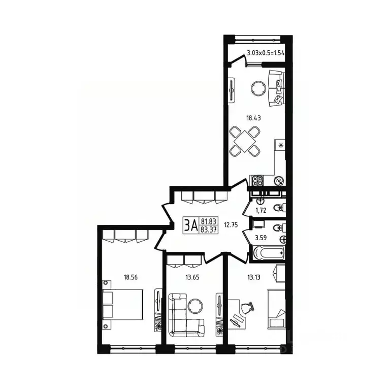 3-к кв. Адыгея, Майкоп ул. К.А. Васильева, 1к4 (83.37 м) - Фото 2