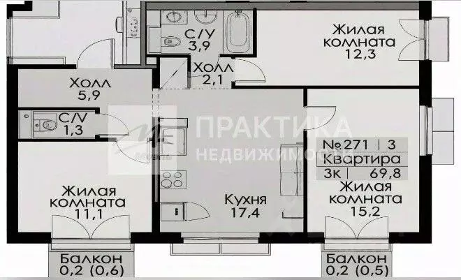 3-к кв. Москва ул. Усадебный Парк, 3 (68.8 м) - Фото 2