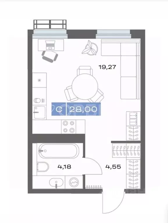 Студия Тюменская область, Тюмень Таежная ул., 12 (28.0 м) - Фото 1