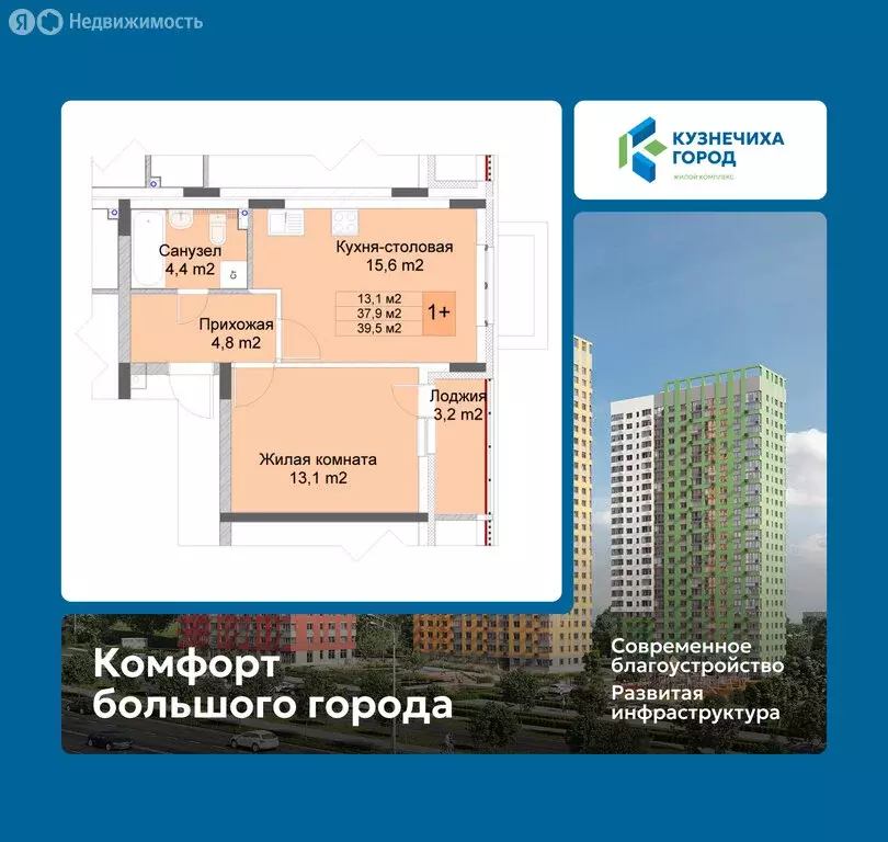 1-комнатная квартира: Нижний Новгород, ЖК Кузнечиха Город (39.5 м) - Фото 1