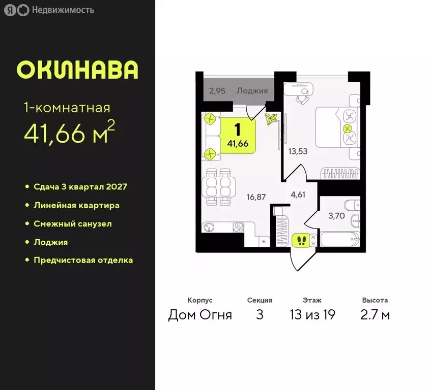 1-комнатная квартира: Тюмень, жилой комплекс Окинава (41.66 м) - Фото 0