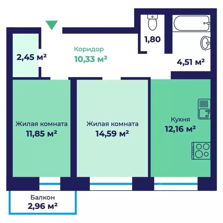 2-к кв. Ярославская область, Ярославль пос. Сокол, 31Ас1 (58.59 м) - Фото 1