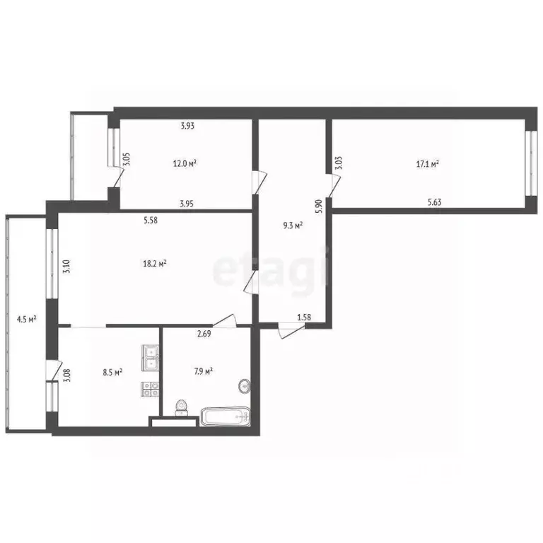 3-к кв. Санкт-Петербург ул. Джона Рида, 1К1 (73.0 м) - Фото 2