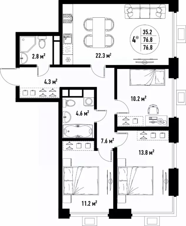 4-к кв. Астраханская область, Астрахань ул. Бэра, 29 (76.8 м) - Фото 2