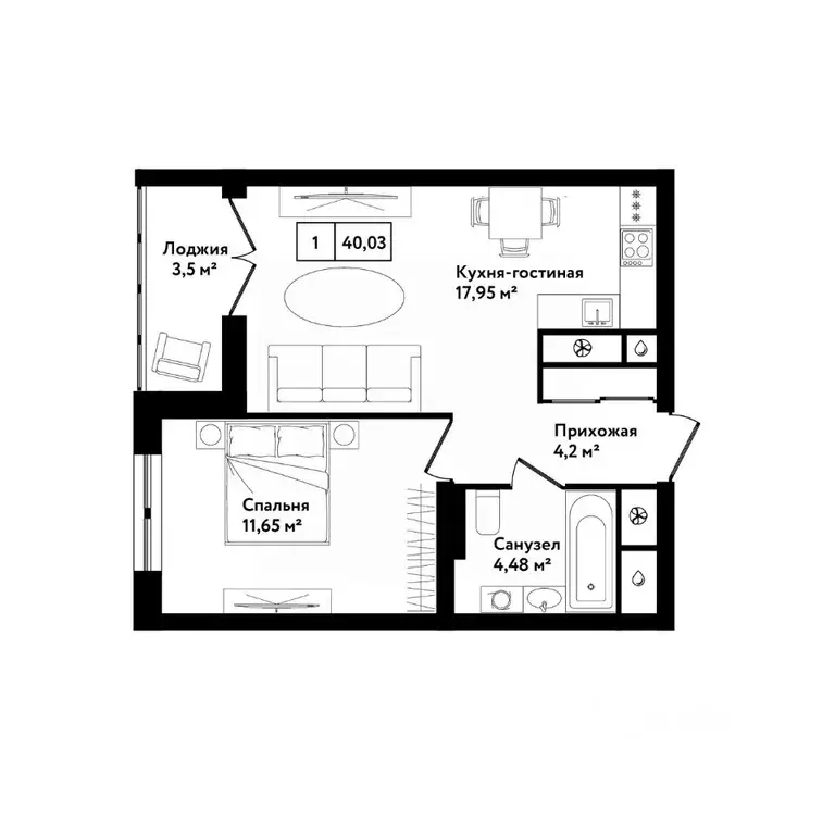 1-к кв. Тульская область, Тула ул. Седова, 26к2 (43.3 м) - Фото 1