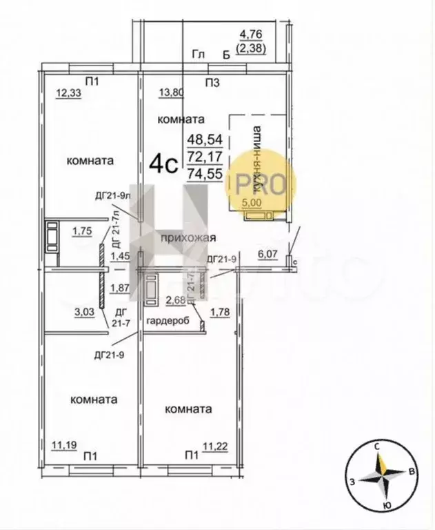 4-к. квартира, 74,6 м, 4/10 эт. - Фото 0