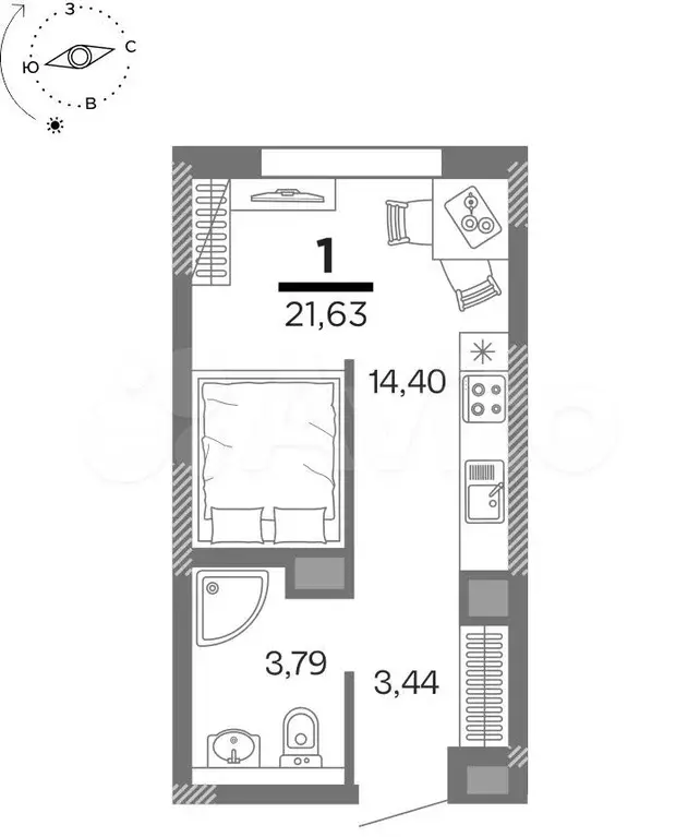 Квартира-студия, 21,6 м, 15/16 эт. - Фото 0