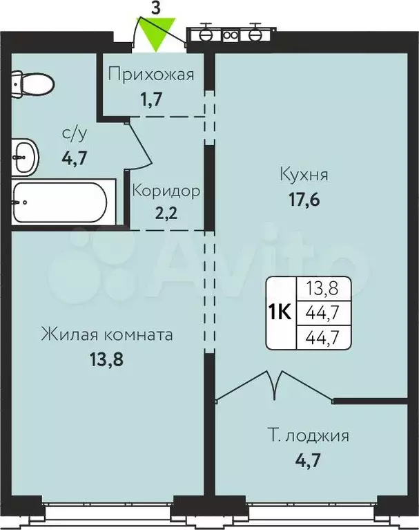 1-к. квартира, 44,7 м, 8/16 эт. - Фото 1
