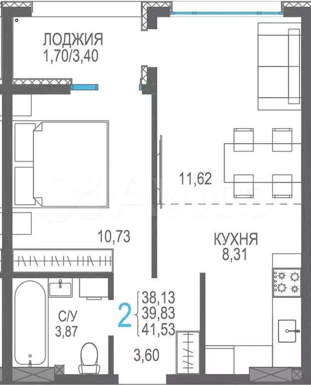 2-к. квартира, 39,8м, 4/8эт. - Фото 0