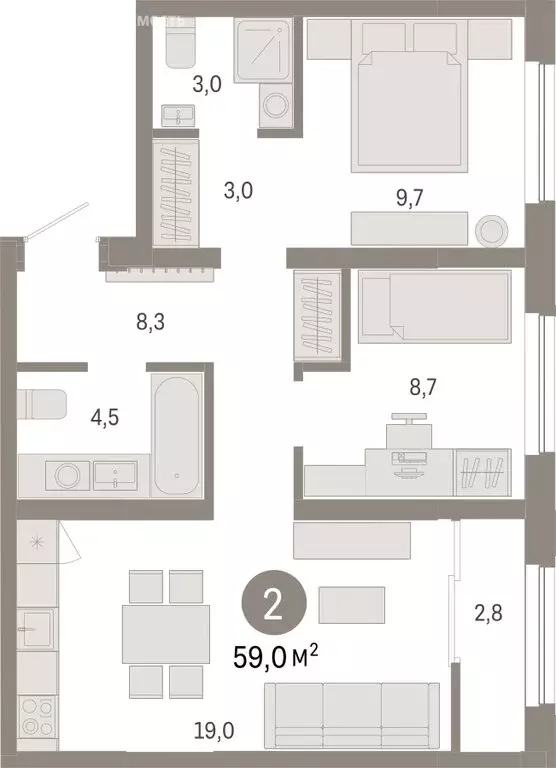 2-комнатная квартира: Новосибирск, Большевистская улица, с49 (59.03 м) - Фото 1