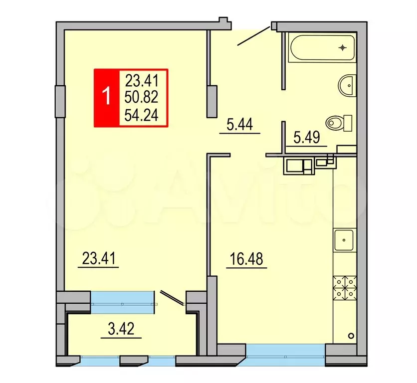 1-к. квартира, 54,2 м, 4/8 эт. - Фото 0