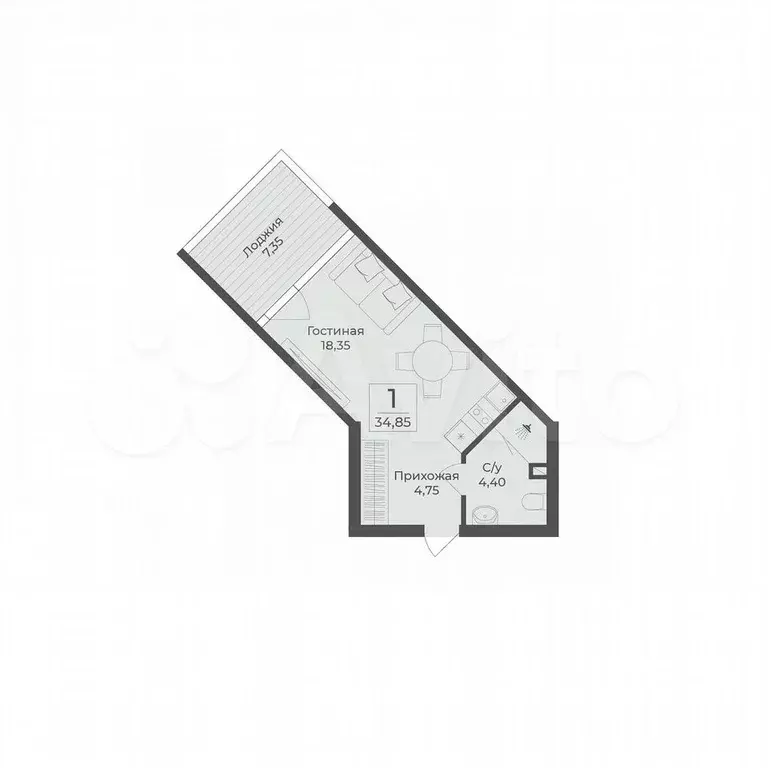 Апартаменты-студия, 34,9 м, 6/12 эт. - Фото 1
