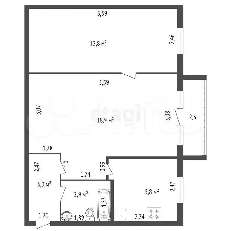 2-к. квартира, 45,2 м, 4/5 эт. - Фото 0