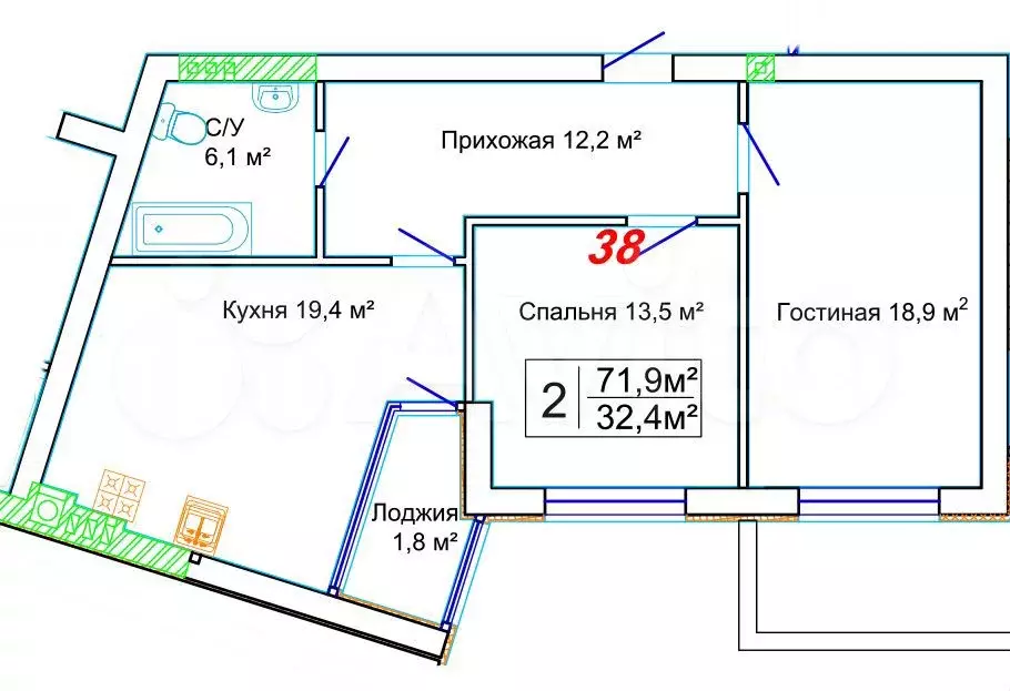 2-к. квартира, 71,9 м, 3/5 эт. - Фото 0