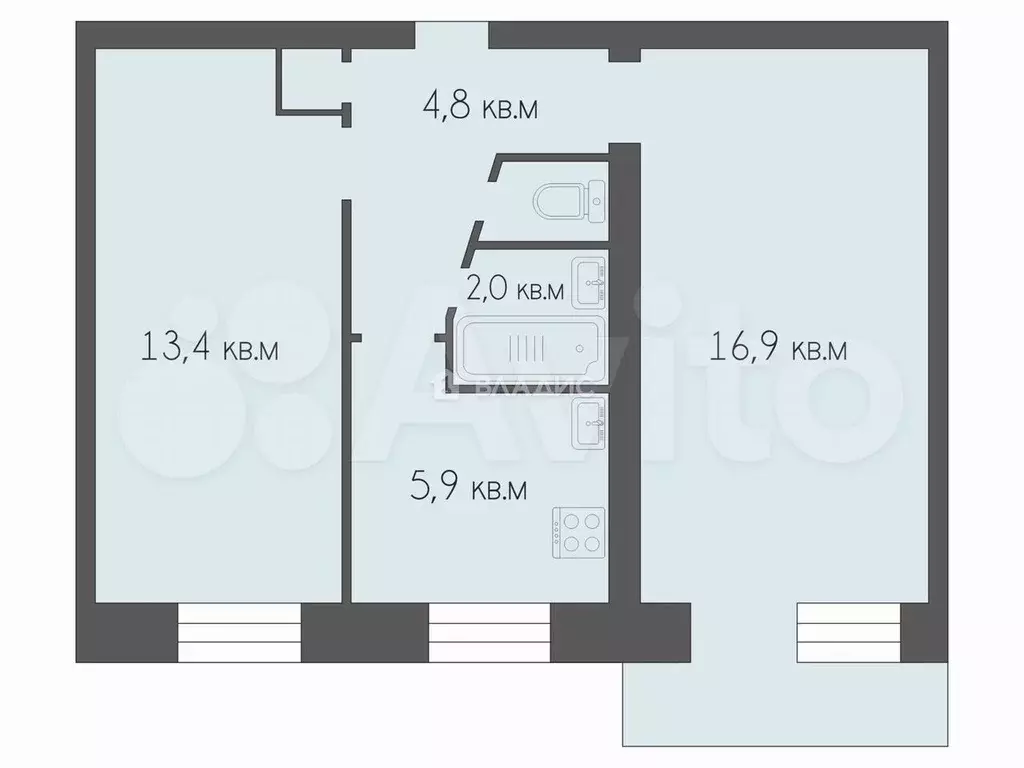 2-к. квартира, 44,4 м, 2/5 эт. - Фото 0