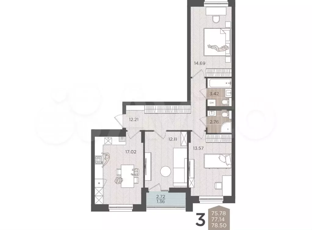 3-к. квартира, 77,1 м, 9/9 эт. - Фото 1