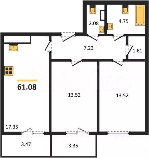 2-к. квартира, 61,1 м, 13/16 эт. - Фото 1