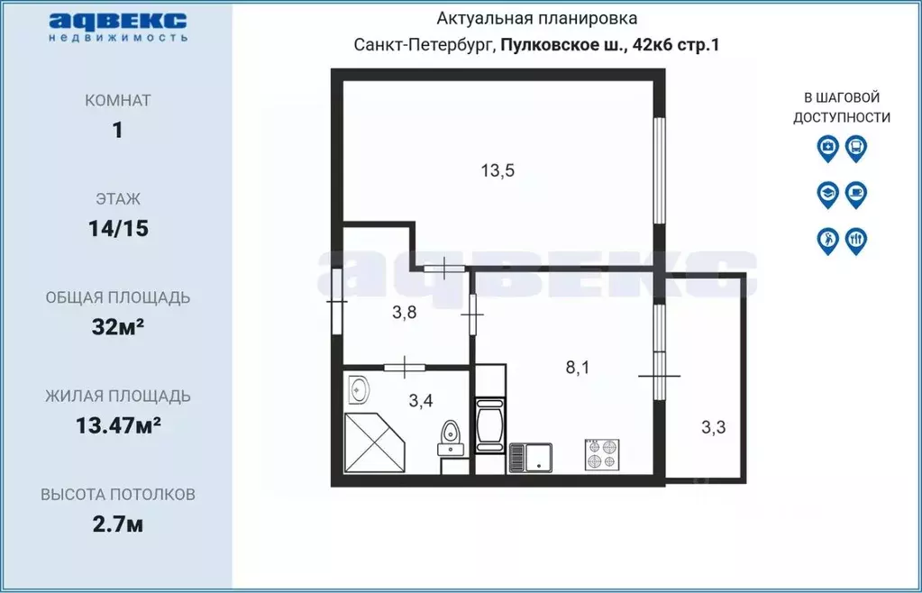 1-к кв. Санкт-Петербург Пулковское ш., 42к6 (32.0 м) - Фото 2