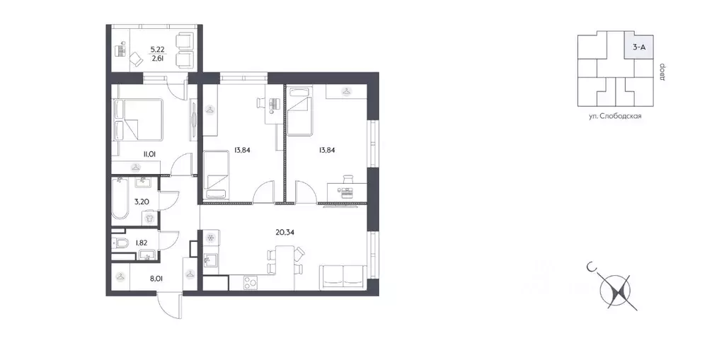 3-к кв. Хабаровский край, Хабаровск Слободская ул. (74.69 м) - Фото 2