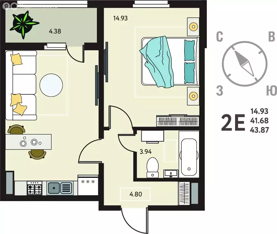 1-комнатная квартира: Липецк, ЖК Инстеп. Механизаторов (43.87 м) - Фото 1