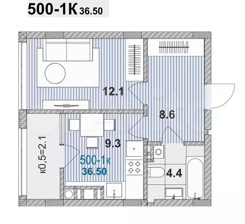 1-к. квартира, 45,6 м, 6/6 эт. - Фото 1