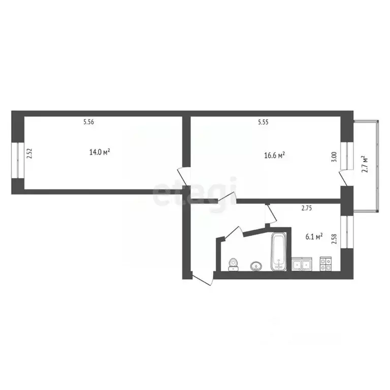 2-к кв. Тюменская область, Тюмень ул. 50 лет Октября, 37а (44.0 м) - Фото 1