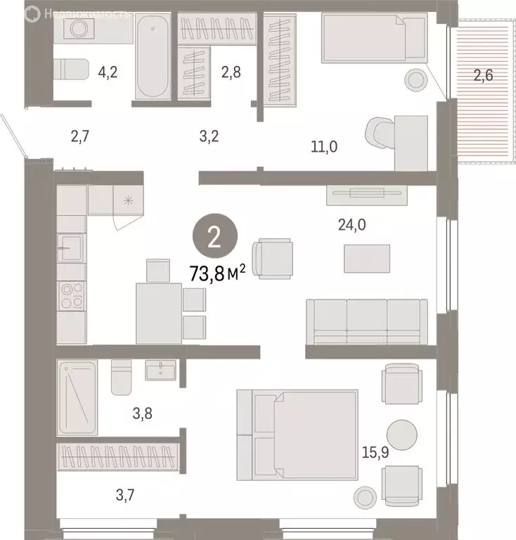 2-комнатная квартира: Тюмень, Мысовская улица, 26к2 (73.78 м) - Фото 1