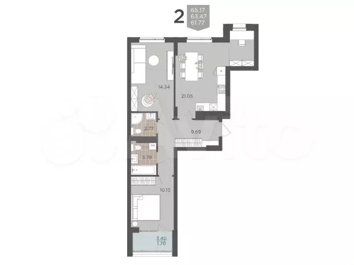 2-к. квартира, 63,5 м, 3/9 эт. - Фото 1