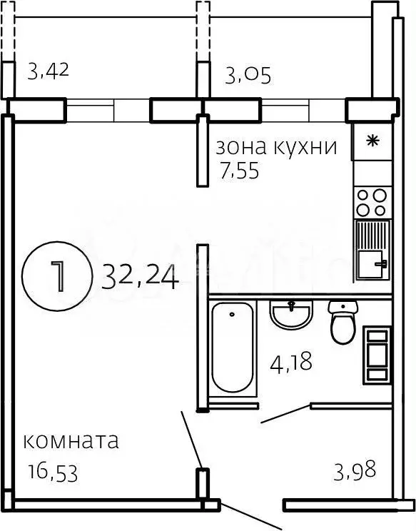 Квартира-студия, 32,2 м, 9/10 эт. - Фото 0