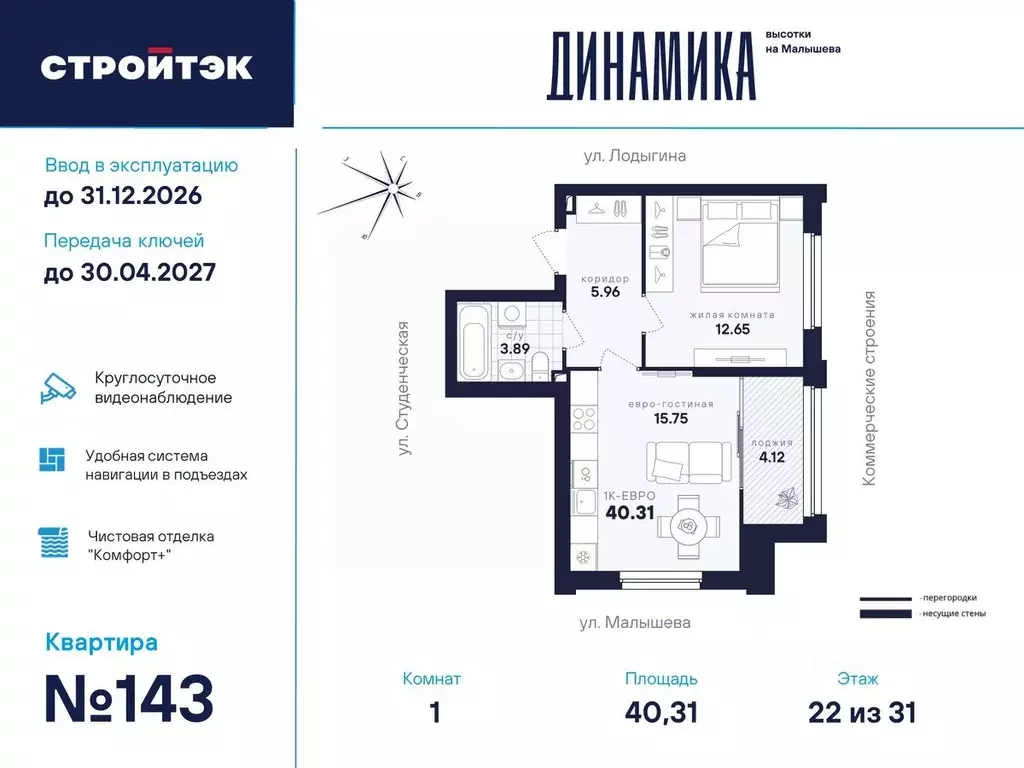 1-к кв. Свердловская область, Екатеринбург ул. Малышева, 145Б (40.31 ... - Фото 0