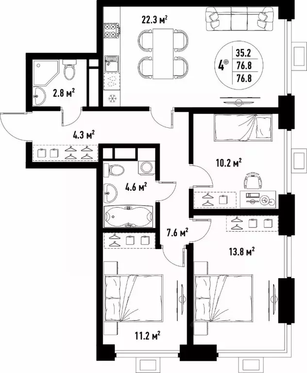4-к кв. Астраханская область, Астрахань ул. Бэра, 29 (76.8 м) - Фото 2