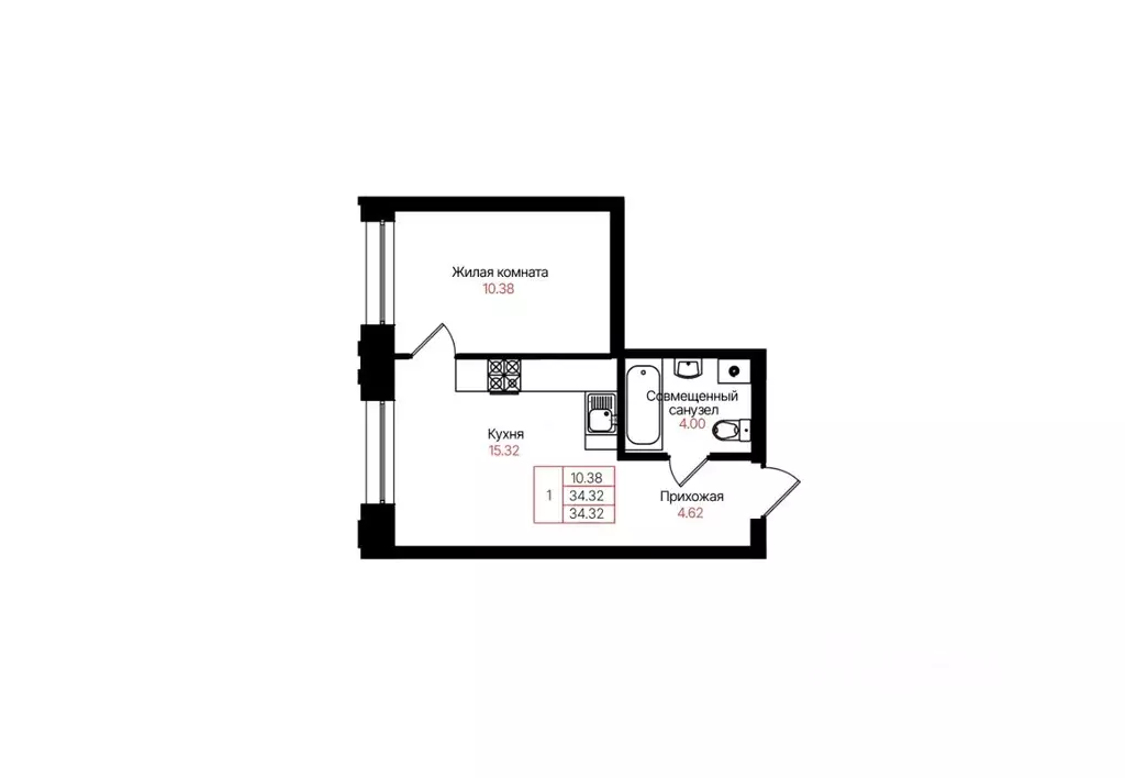 1-к кв. Татарстан, Казань Лето жилой комплекс (34.32 м) - Фото 1