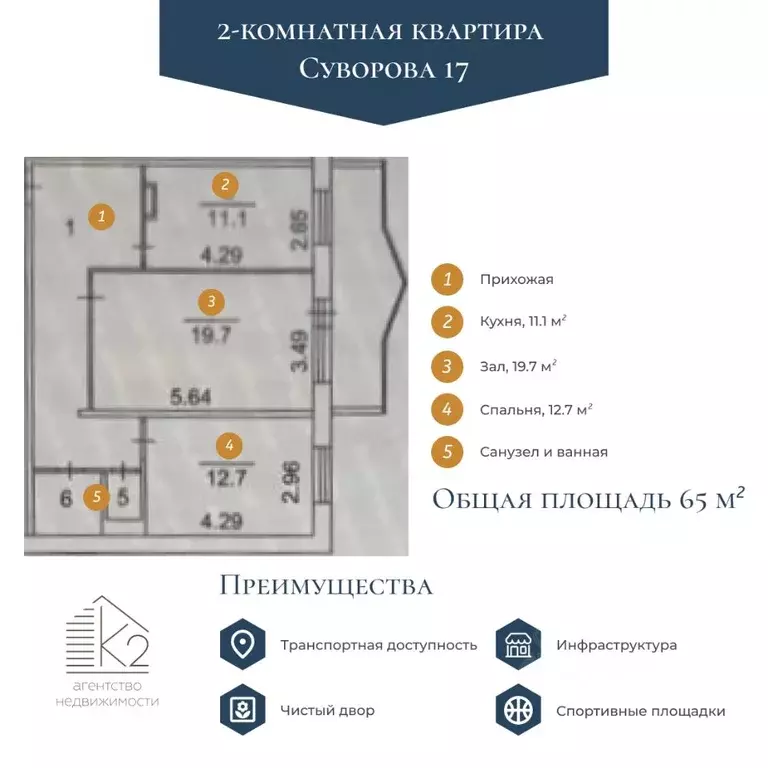 2-к кв. Томская область, Томск ул. Суворова, 17 (65.0 м) - Фото 1