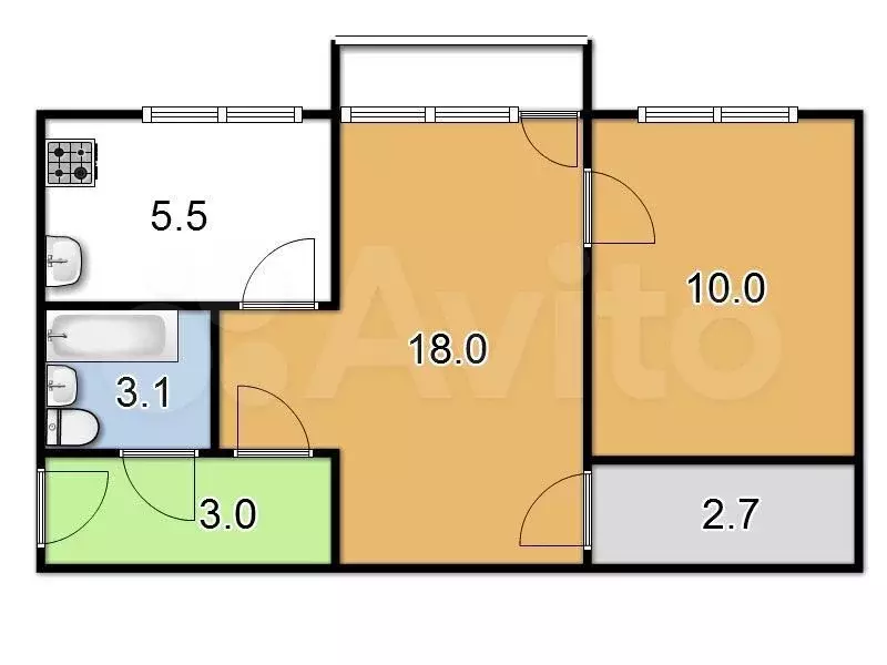 2-к. квартира, 42 м, 1/5 эт. - Фото 0