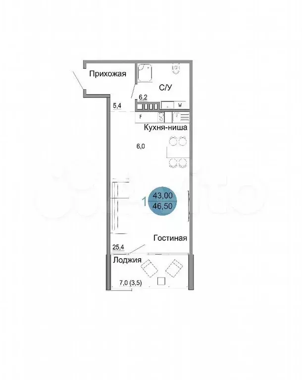 Квартира-студия, 46,5 м, 3/4 эт. - Фото 1