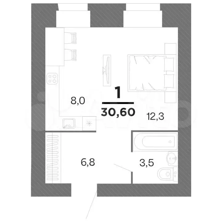 1-к. квартира, 30,6 м, 3/16 эт. - Фото 0
