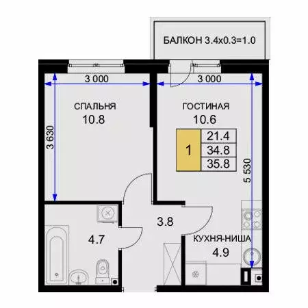 1-комнатная квартира: Краснодар, улица имени Героя Ростовского, 8к2 ... - Фото 0