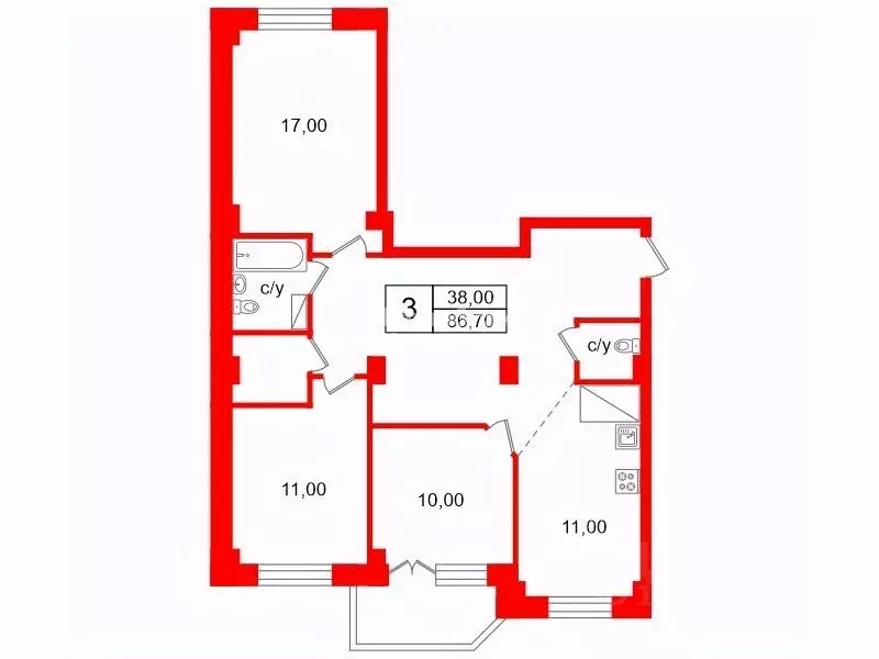3-к кв. Санкт-Петербург Комендантский просп., 51к1 (86.7 м) - Фото 2