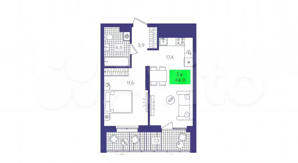 1-к. квартира, 44,9 м, 11/17 эт. - Фото 1