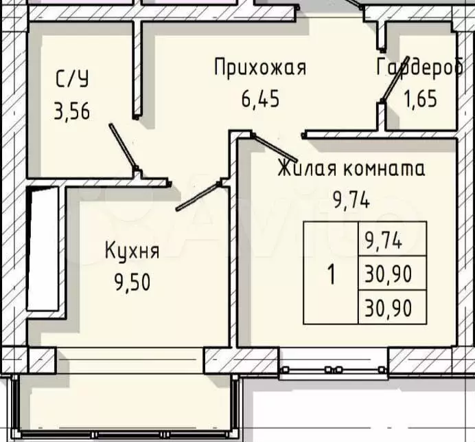 1-к. квартира, 30,7 м, 2/8 эт. - Фото 0