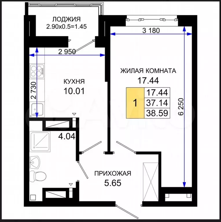 1-к. квартира, 38,6 м, 13/25 эт. - Фото 1