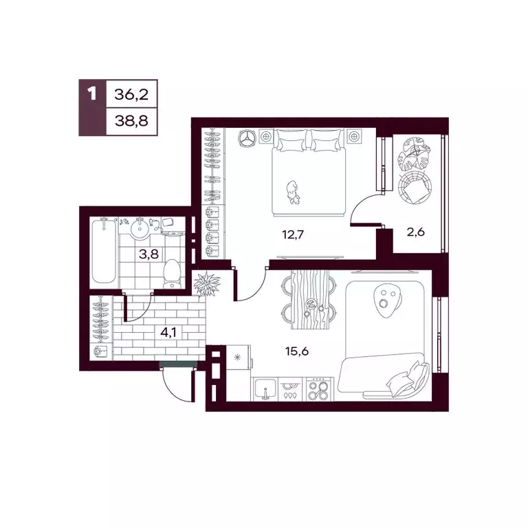 1-комнатная квартира: Дударева, ЖК Макс (39.3 м) - Фото 0