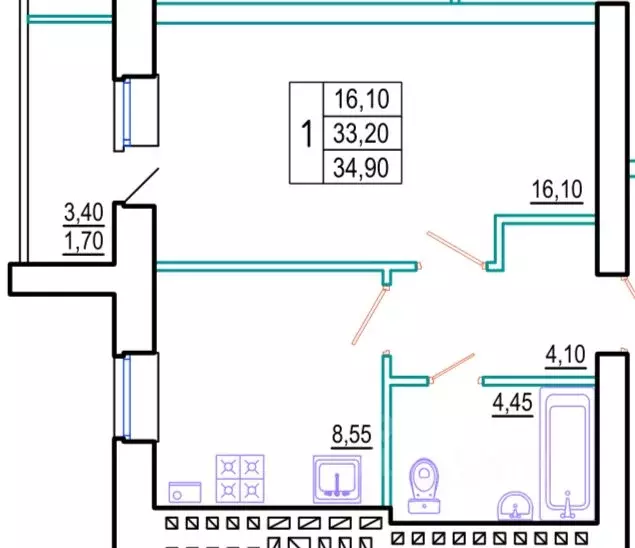 1-к кв. Ростовская область, Шахты просп. Шахтинский (34.9 м) - Фото 1