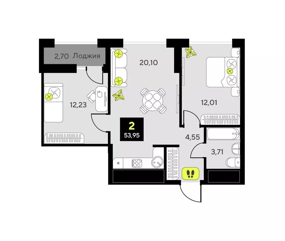 2-комнатная квартира: Тюмень, улица Андрея Приказнова, 1 (53.95 м) - Фото 0