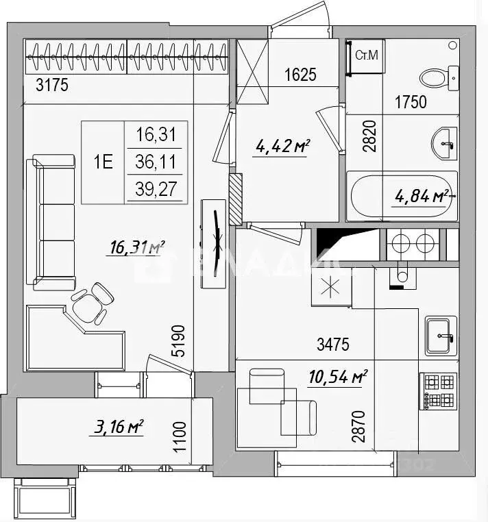 1-к кв. Белгородская область, Белгород ул. Игоря Чернухина, 1 (39.27 ... - Фото 2